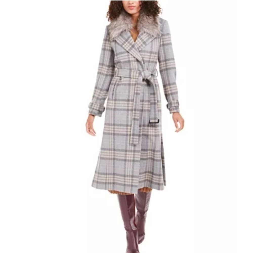 NEW Vince Camuto Belted Gray Plaid Maxi Coat